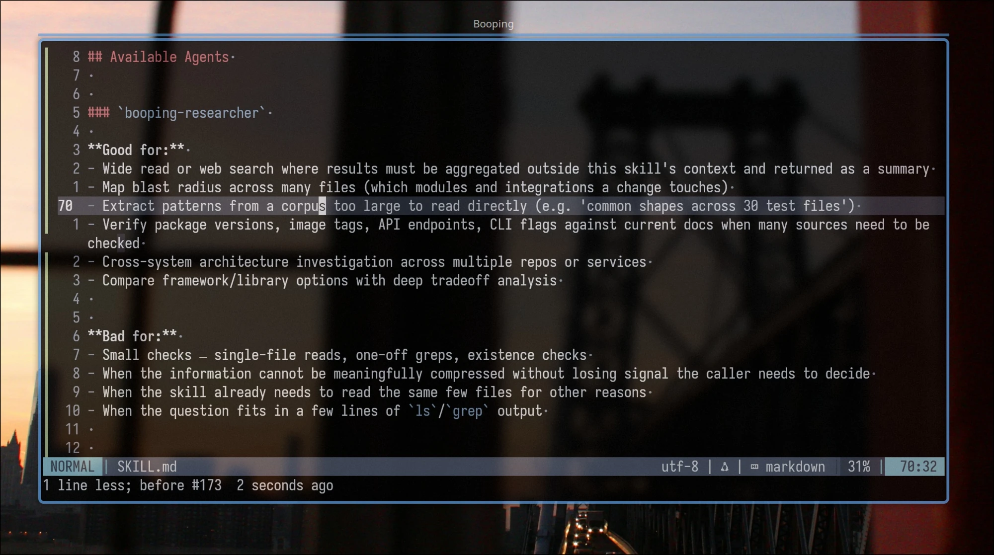 The booping-researcher agent brief with explicit Good for and Bad for lists that decide when a sub-agent is worth the cost