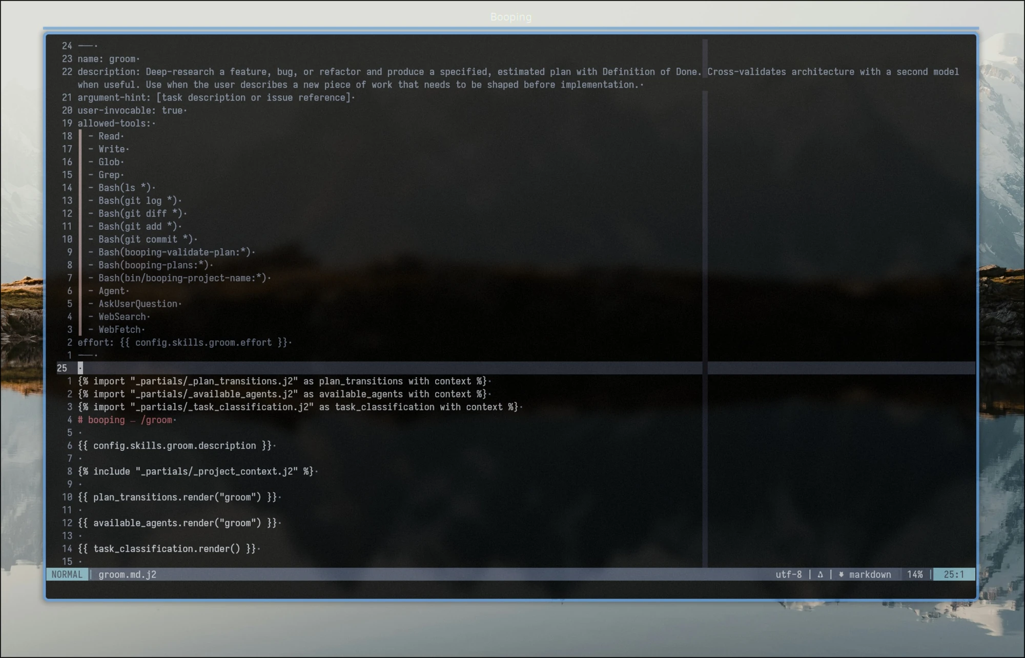 The /groom skill source: a Jinja template that imports partials and pulls description, agents, and state transitions from a YAML config