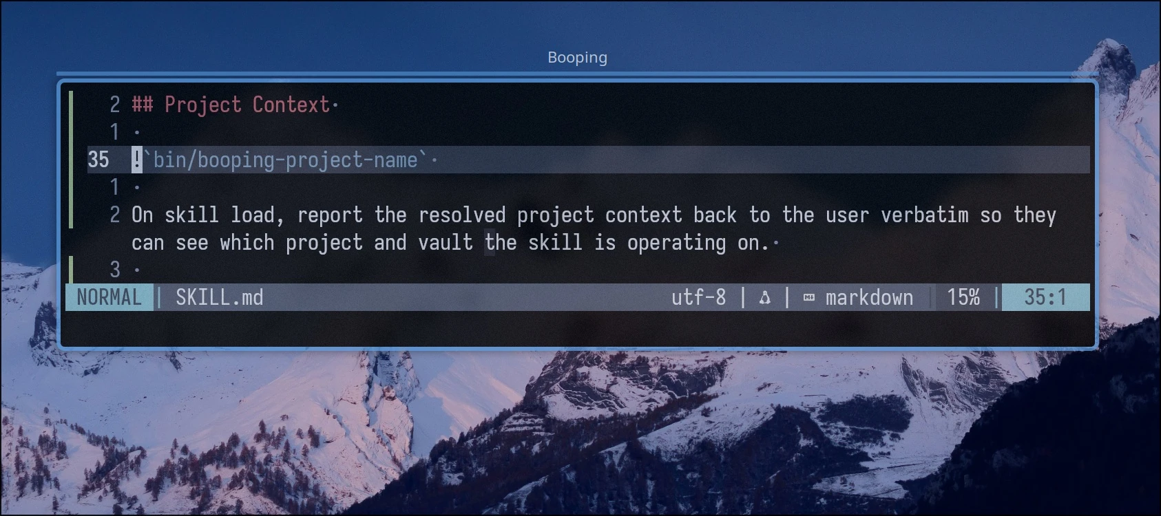 A skill file calling an external script with the bang-backtick prefix; the script&rsquo;s output is pasted into the prompt at invoke time with no tool call or reflection loop