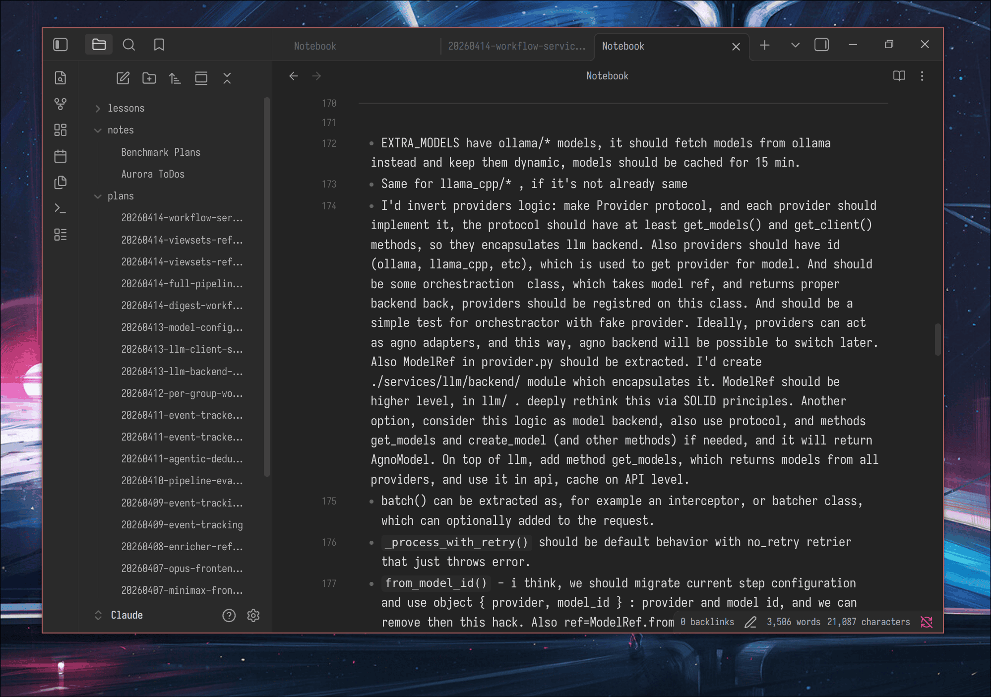 Code review feedback in ~/Claude/Notebook.md: a bullet list of architectural issues, collected while reading the diff